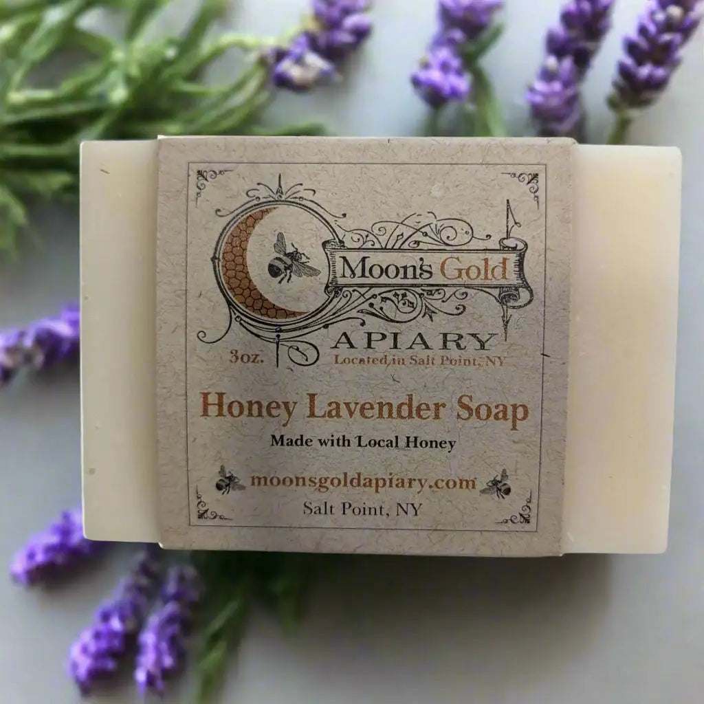Honey Lavender soap bar, MOON'S GOLD COLD-PROCESSED SOAPS in a cream wrapper with a vintage brown apiary label, made with local honey.
