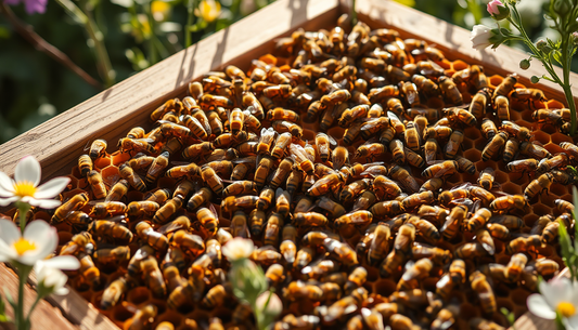 Why Packaged Bees: densely clustered honeybees with amber and black striped bodies gathered inside a wooden hive box
