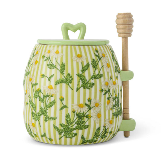 26oz Printed Ceramic Honey Pot in cream and green stripes, decorated with chamomile flowers and a heart-shaped lid handle, with honey dipper.