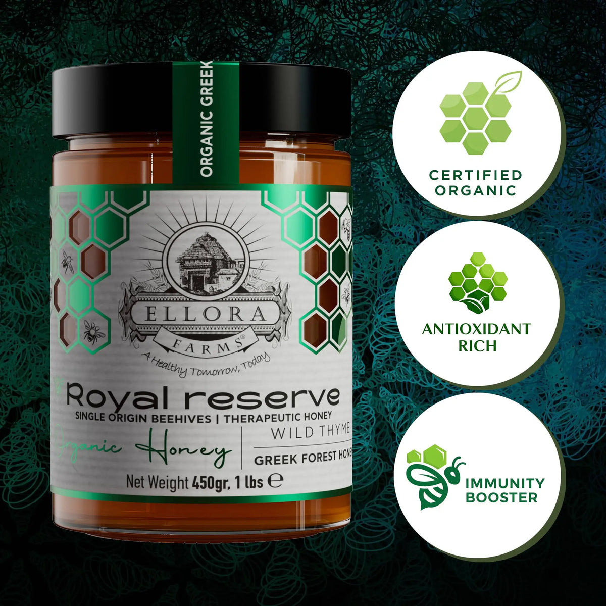 Organic Greek Raw Honey, Royal Reserve, Wild Thyme, 450g