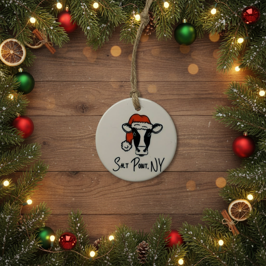 Round ceramic tag with a cow illustration and 'Salt Point, NY' text, hanging on twine.