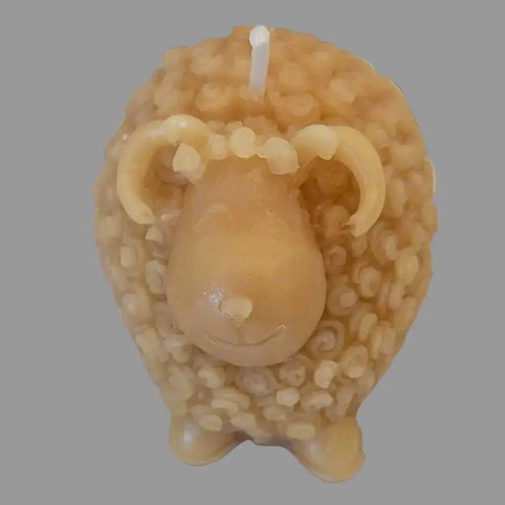 BEESWAX CANDLES : SHEEP features a golden honey-colored beeswax candle with textured wool, curled horns and a white wick.
