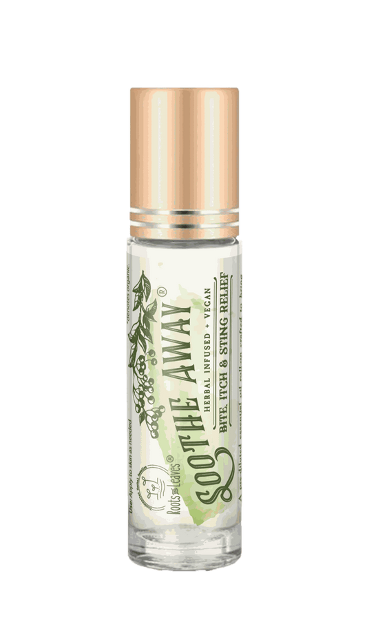 Soothe Away Roll-On herbal oil in a clear glass bottle with a gold-toned cap and botanical green label.