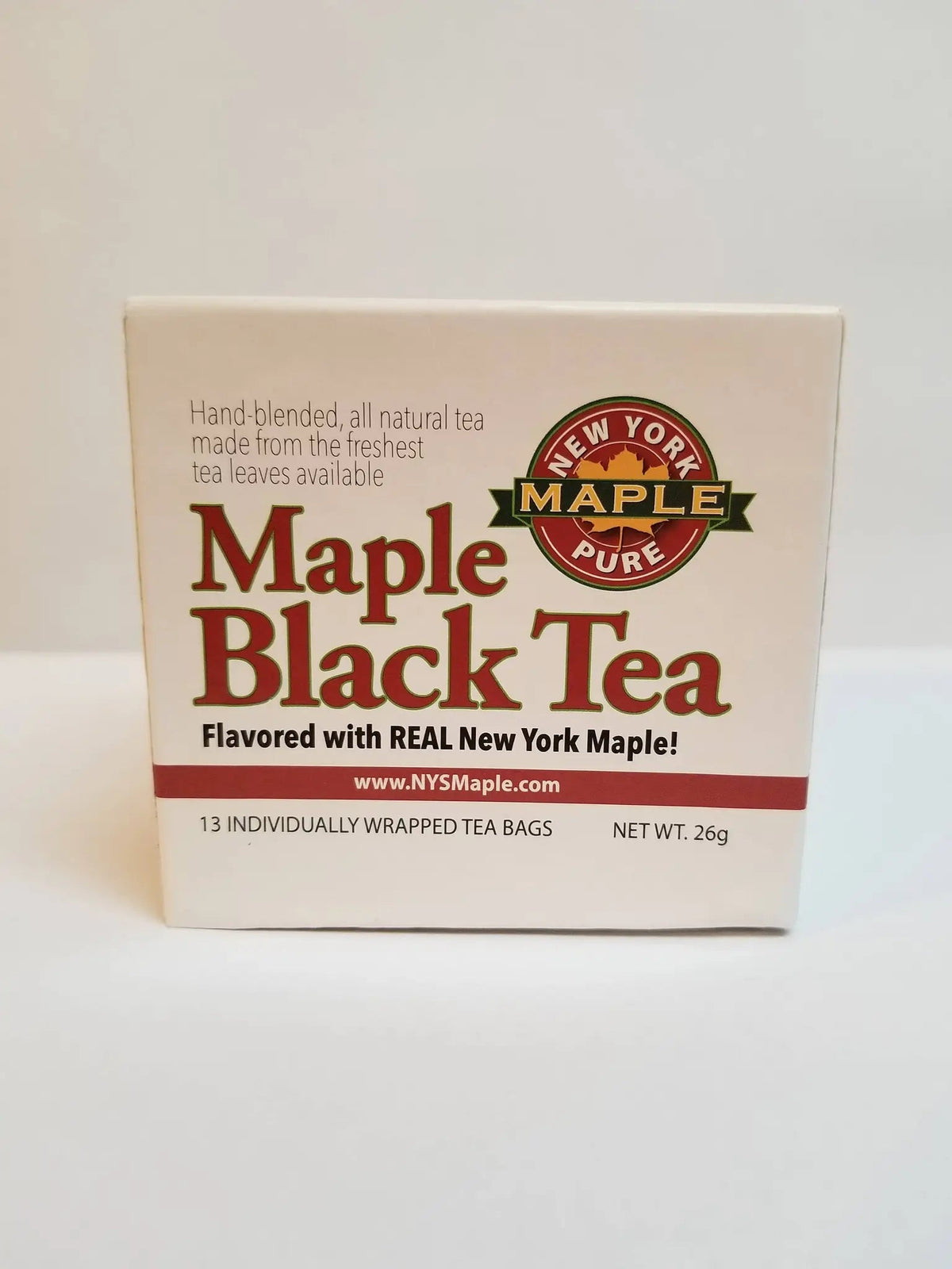 Maple Black Tea box in cream packaging with bold brown lettering, a red maple badge and 13 tea bags noted