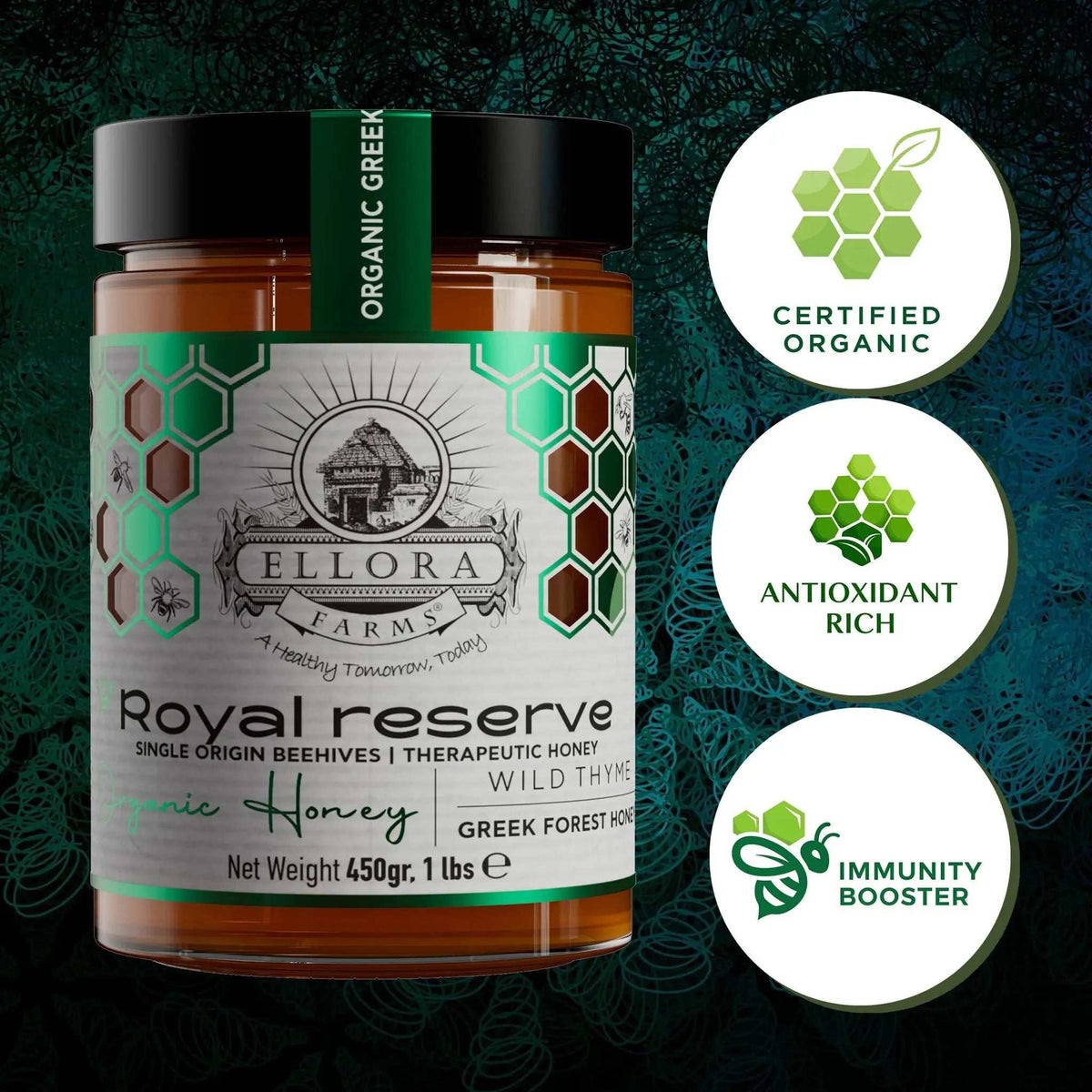 Organic Greek Raw Honey in an amber glass jar with a black lid, green-and-white label, and wild thyme variety