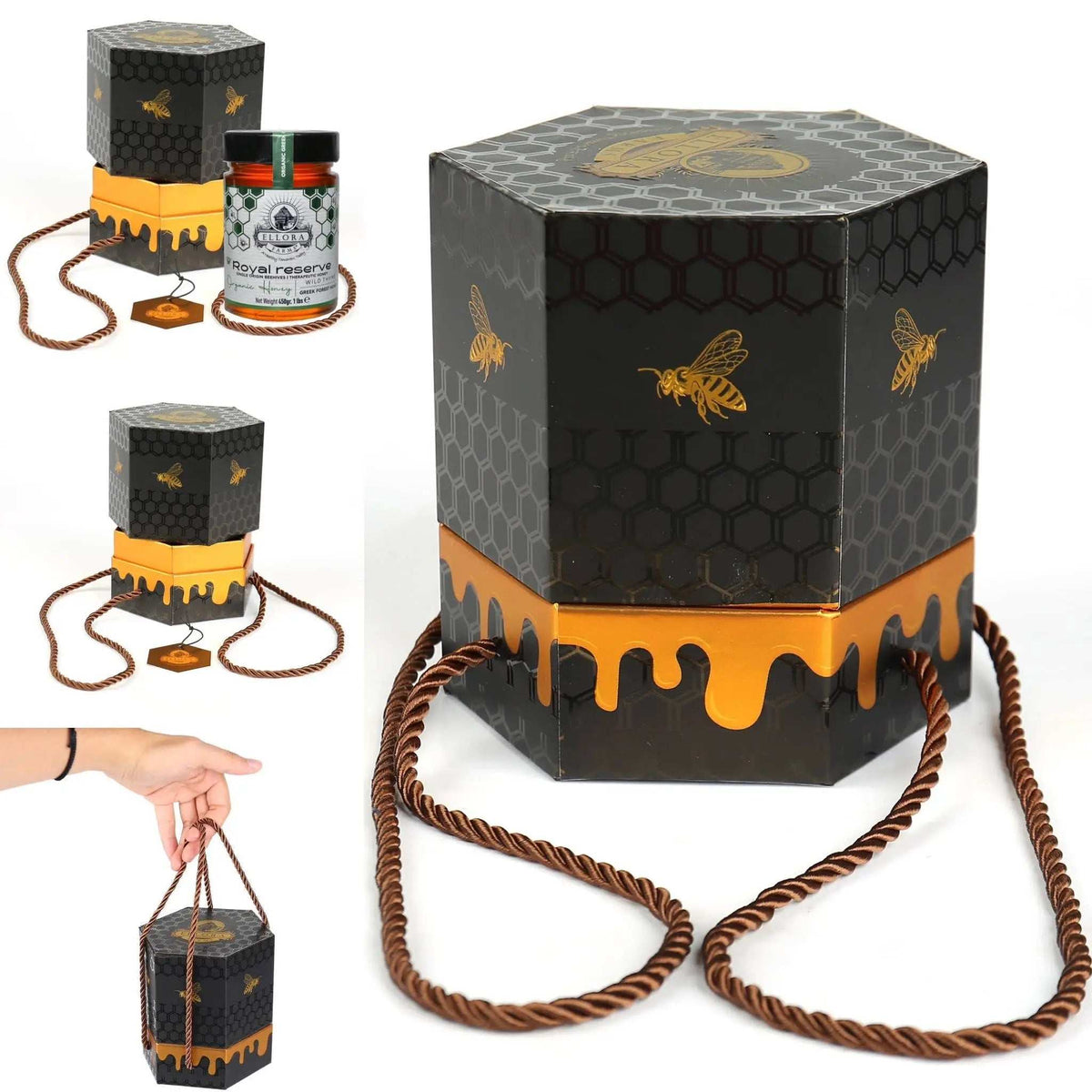 Organic Greek Raw Honey in a black hexagonal gift box with gold bee motifs, orange honey drip trim and rope handle