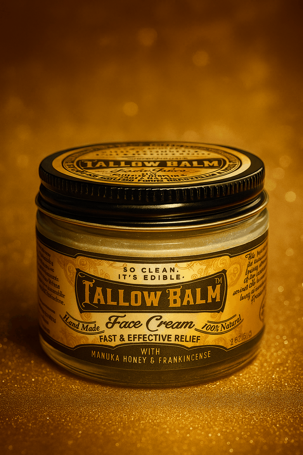 Tallow Face Cream in an amber glass jar with a black lid, featuring a gold label and Manuka honey text