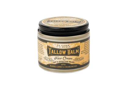 Tallow Face Cream in a clear glass jar with a black lid and vintage cream-and-gold label marked Tallow Balm
