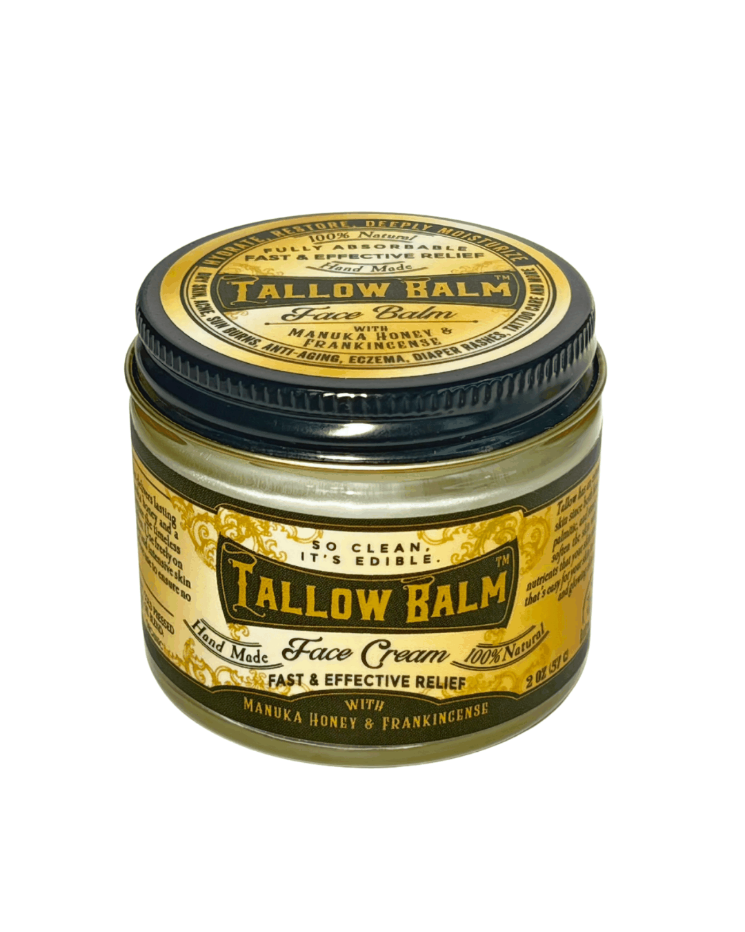 Tallow Face Cream in a clear glass jar with a black lid and gold-yellow label, featuring Manuka honey and frankincense